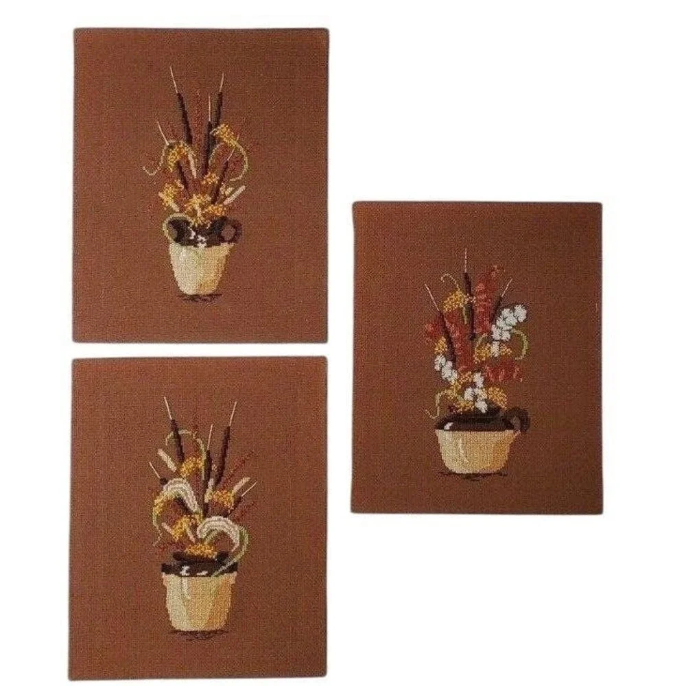 Vintage 1970s Hand Stitched Cross Stitch Needlepoint Wall Art Set of 3 Floral